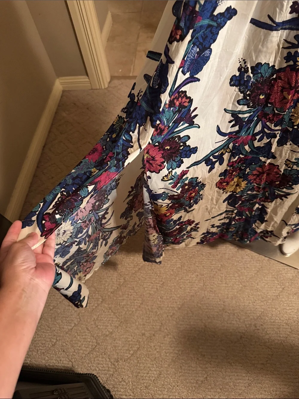 Free People Cream Maxi Dress with Blue, Green & Maroon Floral Print, Sz Small
